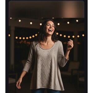 CAITE Tunic Top Womens Beige Embroidered 3/4 Sleeve‎ Shirt Boho Size M